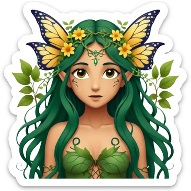 Cinematic Realistic Forest Nymph Fairy Portrait, depicted with lifelike, sun-kissed tanned skin that radiates an earthy glow, softly illuminated by natural, dappled light. Her long, flowing dark green hair is intricately detailed and interwoven with delicate vines and wildflowers, while her deep, soulful eyes mirror the wisdom of the forest. Dressed in an attire inspired by nature’s palette—with subtle botanical motifs—the portrait exudes a soft, enchanted glow that melds realism with woodland magic showing her large butterfly wings from her back. sticker