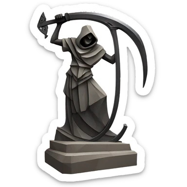 Stone sculpture Reaper scythe with a geometric, faceted design. The scythe is standing upright on a base with angular and baroque features. The vibrant midtone subtlety of dark neutrals highlights the sharp edges and planes.  sticker