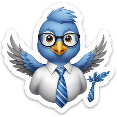 Color scheme:** Soft, calming colors like **blue, gray, and white** to match a trustworthy finance theme.  
- **Eyes:** Big, round, and bright with a **kind, intelligent expression**.  
- **Feathers:** Smooth and clean, with subtle gradient shades for a modern look.  
- **Accessories:**  
  - 🕶️ Small glasses → To represent wisdom.  
  - 💼 Tiny business tie → Adds a professional, finance-themed touch.  

### 💡 **Expression & Style:**  
- **Pose:**  
  - One wing raised → As if giving financial advice.  
  - Slight head tilt → Adds a friendly, curious personality.  
- **Emotion:**  
  - **Warm and approachable smile** → Makes the mascot feel trustworthy.  
  - **Curious, yet confident look** → Shows financial expertise.  sticker