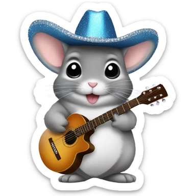 Chinchilla wearing a sparkly cowboy hat holding a mini guitar sticker