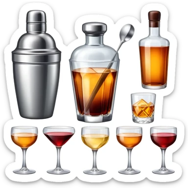 bar items set including cocktail shaker, wine glasses, whiskey bottle sticker