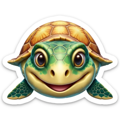 Cinematic Comical Sea Turtle Portrait Emoji, Head tilted dramatically with an exaggeratedly amused expression, featuring a boldly patterned, domed shell and wide, comically expressive eyes full of playful disbelief, Simplified yet hilariously expressive features, highly detailed, glowing with a slightly sassy oceanic glow, high shine, dramatic yet playful, stylized with an air of cheeky marine mischief, soft glowing outline, capturing the essence of a meme-worthy sea turtle that looks ready to glide its way into viral fame! sticker