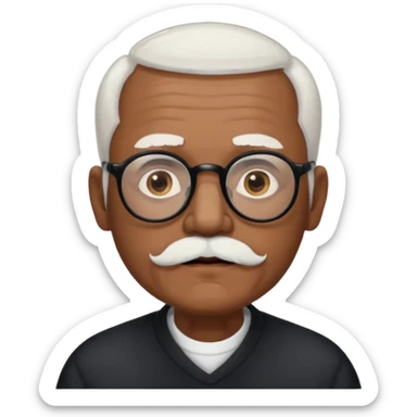 an elderly man with medium-dark skin tone, bald on top with short white hair at the sides, thick white eyebrows, large brown eyes, and wears black-framed glasses.
A small white beard sits above his mouth sticker