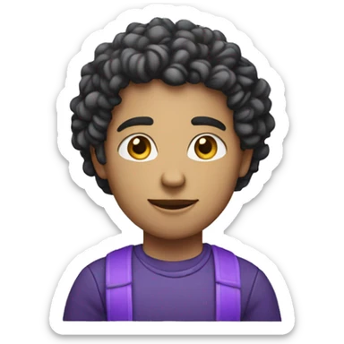 a person using a notebook. that he is light skinned and that he is a young man who has curls and wears clothes with purple tones. sticker