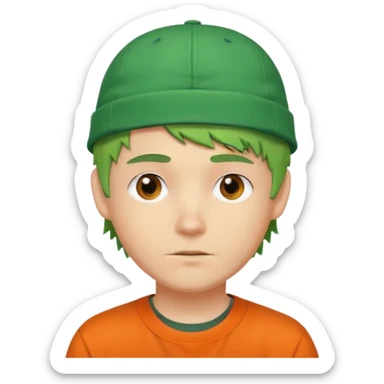 white guy with short messy green hair, wearing an orange backwards cap, street style sticker