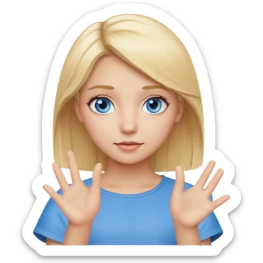 girl with blonde hair and blue eys with heands telling what  sticker