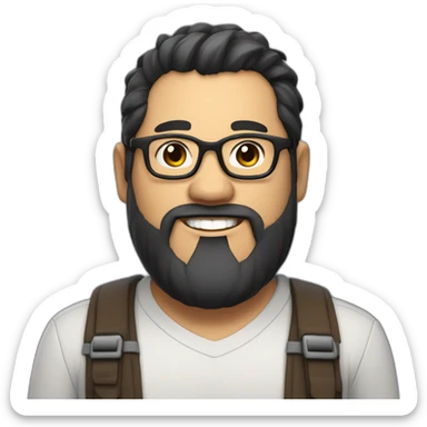 Mid age smiling chubby developer with light brown skin long beards and glasses and a very short black hair sticker