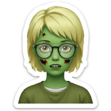 a green girl masc zombie with glasses and short blonde hair like a mullet sticker
