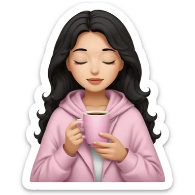 hispanic woman, black long wavy hair , closed eyes, feminine face, holding soft pink coffee cup wearing white Hoodie with pink blanket over shoulders sticker