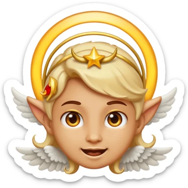 playful emoji face with one angelic side with halo and serene expression, one devilish side with horn and mischievous grin sticker