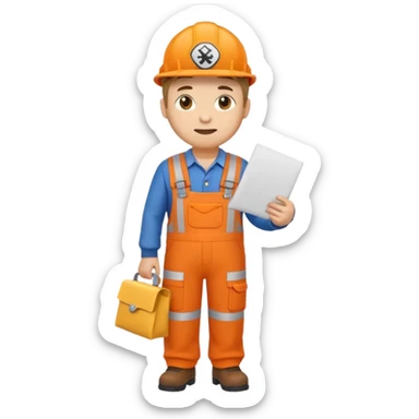 emoji style railway engineer full body in orange overalls, carrying one piece of paper in front of him sticker