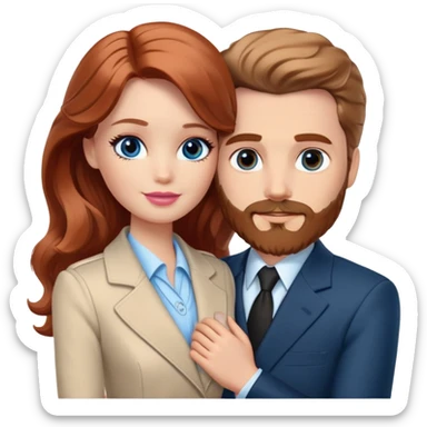 Barbie girl  , eyes blue , Chestnut red long wavy hair In pale beige clothes, Hugs a man with light brown hair Short hair , brown eyes , With a beard and a black suit sticker