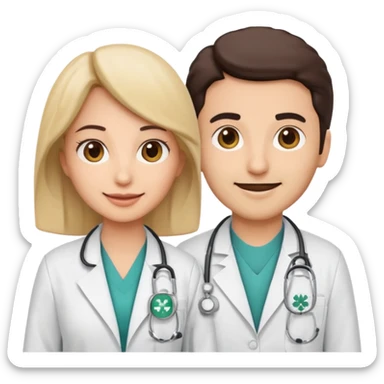 A cute cartoon-style emoji of a Saudi male and female doctors wearing white lab coats with the Alfarabi Medical Laboratories logo. Friendly smiles, soft colors, and simple features, suitable for medical branding and social media. sticker