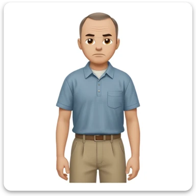 Carl from Sling Blade, serious expression, recognizable features, neutral background, full body, chin sticking out, slouching posture, no glasses, shirt with collar,  side view, the 4th image is good. show his entire body, he is standing. we see him from the side. Not frontal view. Side view sticker