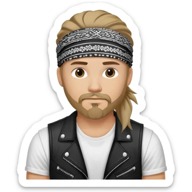 Guy wearing black and white patterned bandana as a headband with goatee and long hair, wearing white tshirt with black biker vest sticker