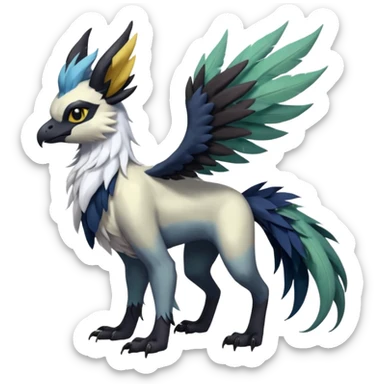 Dark-deep-colored gryphon-Trico-Nargacuga-Absol-Leafeon-Sprigatito-Silvally-fusion-hybrid with a long tufted tail, black beak, black claws, black tail, majestic, realistic, furry (full body) sticker