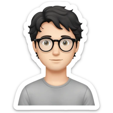 Young caucasian man with black wavy hair, round glasses, simple grey t-shirt sticker
