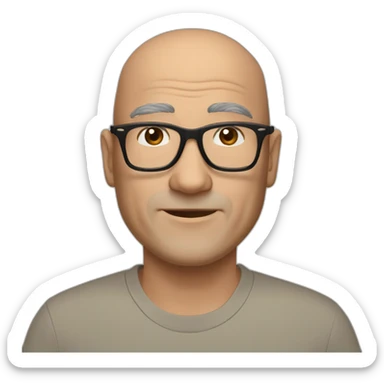 A fifty-year-old European man with a slight Asian appearance, a bald head, Ray-Ban glasses, and brown eyes with a friendly gaze. sticker