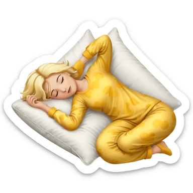 woman with blond hair in yellow pajamas, sleeping on her back on a white pillow, classic iOS emoji style sticker