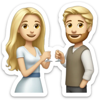 A white female with brown eyes and blond medium long hair and a white male with blue eyes and grey hair, they toast to each other with a glass of white wine. sticker