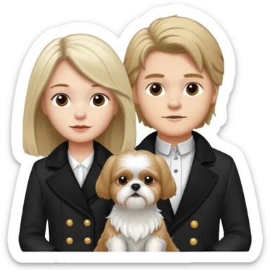 A couple boy with nice hair  and beautiful girl with long dark blond hair and with two shih tzu dogs with  black and white coat sticker