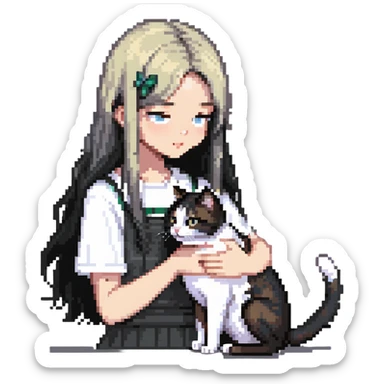 Beautiful girl with long black hair petting a gray and blonde mixed cat sticker