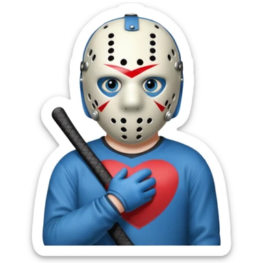 a cartoon image of Jason Voorhees, looking cute, with his hands clasped in front of him, at a sideways angle, looks like he is in love sticker