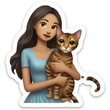Beautiful skinny woman long dark brown hair in dress hug bengal cat sticker