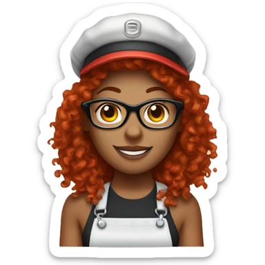 Female barista with red curly hair and glasses and a visor and two nose rings and lip piercing  sticker