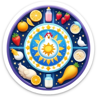 Magical daily fitness nutrition schedule with ethereal water bottle, celestial sun, enchanted chicken and rice plate, mystical gym equipment, glowing yogurt, sparkling fruits, and dreamy sleep symbol, all arranged in a cosmic circle with starry aura sticker