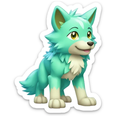 Cute Shy Shiny Light-Green Fakémon-Wolf-Pokémon with Cyan-Blue eyes Full Body sticker
