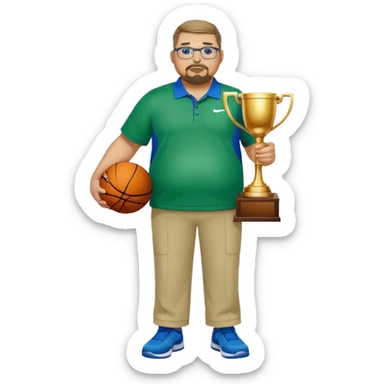  full body white obese male basketball coach with trophy. Goatee , Wearing glasses and blue and green nike polo shirt and khaki pants sticker
