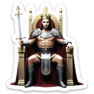 Un rey sentado en su trono con un enemigo arrodillado frente a él, recibiendo un título y una espada en señal de confianza. El enemigo, antes derrotado, ahora jura lealtad. En el fondo, los amigos del rey lo observan con desconfianza, incómodos con la situación. sticker