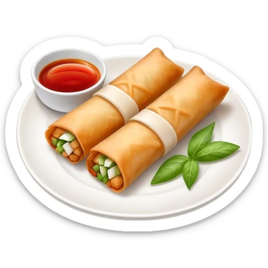 Spring Rolls Cinematic Realistic Spring Rolls Dish Emoji, depicted as 2 perfectly crisp spring rolls served with dipping sauce, rendered with lifelike textures and dynamic, appetizing lighting. sticker