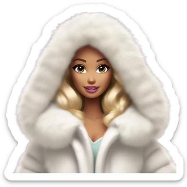 Barbie in an extremely big fluffy oversized white fur coat with hood on. The fur is real and it’s very obvious big and fluffy like in Pinterest  sticker