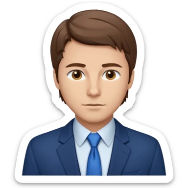 un homme type caucasien brun avec des jolies traits avec une chemise blanche et une veste a manche longues et cravate bleu il a les yeux marron sticker