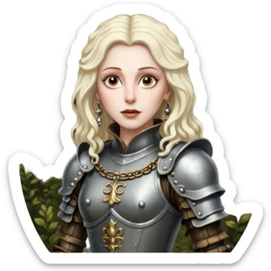 realistic cinematic actress Cher in baroque styling with dirty armor in a forest sticker
