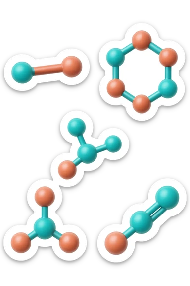 emoji 3d stile iphone di cinque molecole chimiche turchesi e rosa salmone che fluttuano in aria 3d sticker