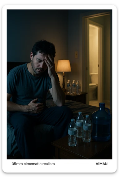 A cinematic scene of a man in his 30s sitting on the edge of his bed at night, clearly tired and frustrated. On his nightstand are several empty water bottles and a large reusable water jug, suggesting excessive hydration. A dim lamp casts soft shadows in the room, and the door to the bathroom is open with light spilling out — symbolizing repeated nightly visits. The man holds his head in one hand, while the other rests on his abdomen, eyes heavy with fatigue. The atmosphere is quiet and introspective. Cool color grading with deep blues and pale yellows enhances the nighttime mood. Style: 35mm cinematic realism, with attention to emotional detail and ambient lighting sticker