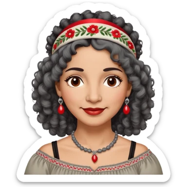 Latina woman, about 50 years old, warm light brown skin, round soft face, curly black and gray hair, red and white headband, medium eyes, thin eyebrows, gentle smile, gray peasant blouse with embroidery, bare shoulders, large dark necklace sticker