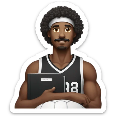 black basketball player with moustache curly hair and headband wearing black and white jersey holding the book sticker