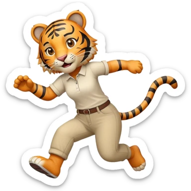 friendly anthropomorphised female tiger in a shirt and pants jumping sticker