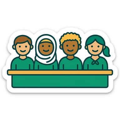 Create a minimalistic illustration of a multicultural class of 6 students using a green, gold, and white color scheme with clean lines and no background. sticker