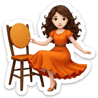 Long dark wavy hair women in orange standing and twirling around a chair  sticker