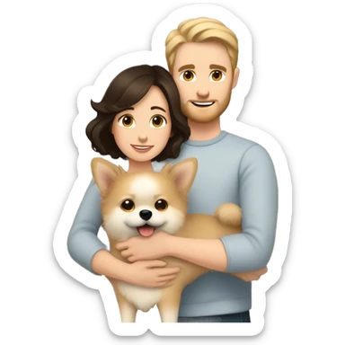 Young white man with short dark hair with a small beard hugging his white wife with dark brown hair and both of them hugging a beige and white Pomeranian  sticker