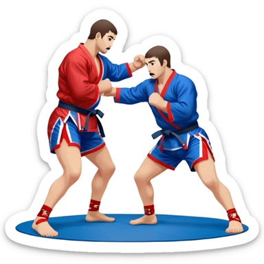 Two Sambo fighters in blue and red kimonos, with shorts and wrestling shoes, performing grappling and throwing techniques. The background shows a wrestling mat and an intense, focused atmosphere. Transparent background highlights the fluidity and skill of the sport without strikes. sticker