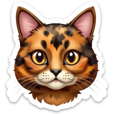 Cinematic Cute Tortoiseshell Cat Portrait Emoji, Head cocked sweetly with bright, curious eyes and a cuddly, mottled fur of rich browns and blacks, simplified yet charmingly adorable, highly detailed, glowing with a warm, gentle radiance, high shine, playful and endearing, styled with a dash of whimsical feline magic, soft glowing outline, capturing the essence of a cute tortoiseshell cat that seems ready to pounce with affectionate mischief! sticker