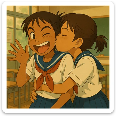 Add a friend to the Japanese brown-skinned high school girl, both in Tokyo school uniforms, sharing a quick, sneaky kiss on the cheek (classmate not shown), playful and energetic, Japanese classroom background, in Ghibli anime style. sticker