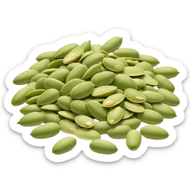 loose scatter of pale green pumpkin seeds with smooth, flat, oval shapes and a soft matte surface, seeds vary slightly in size and tone, natural shelled presentation, no bowl or extras, soft lighting, subtle shadows, emoji scale sticker