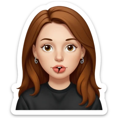 A 38 year old white woman with long brunette hair parted in the middle. She has her nose pierced. Her nose is medium sized. She has brown eyes. She has freckles and is wearing a black sweatshirt and is making a kissing mouth. sticker